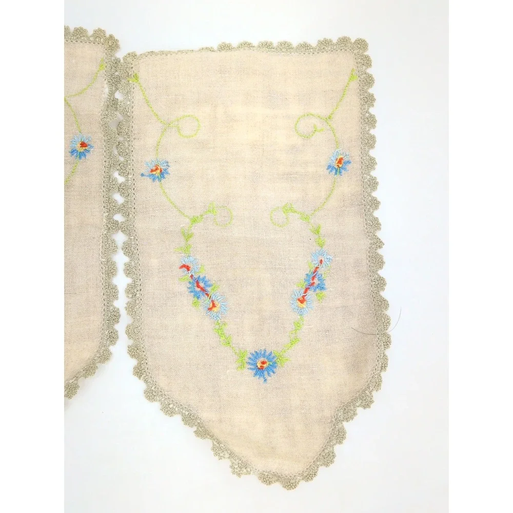 Vtg Linen Embroidered Napkins Set 4 Floral Scalloped Lace Cream Blue Green 7X12
